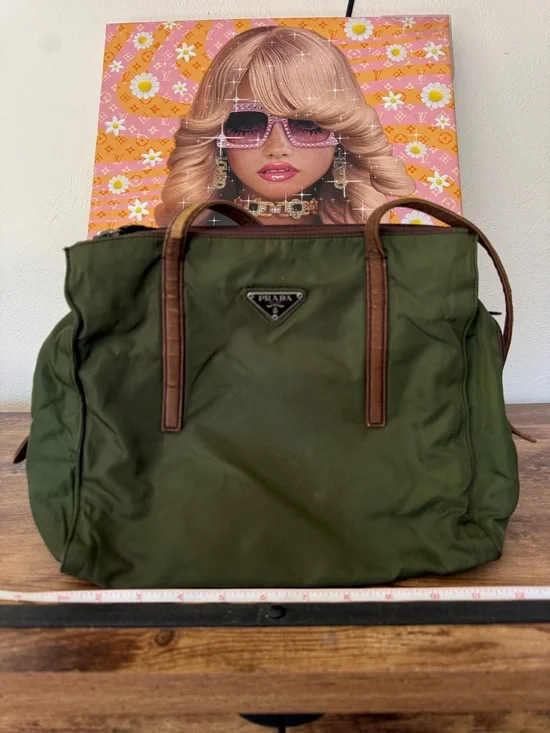 Prada Olive Green Nylon Tote with Brown Leather Trim. - Picture 4 of 9